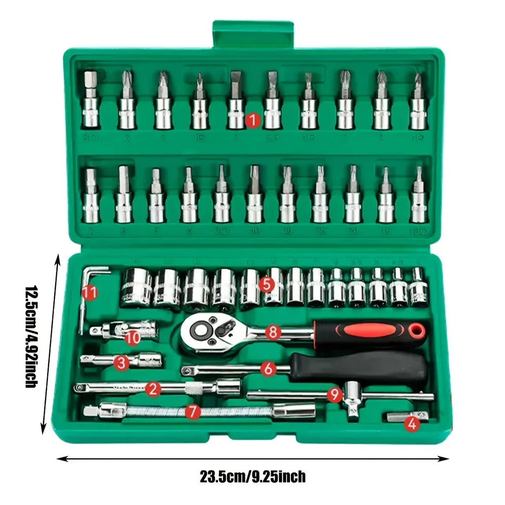 46-Piece Household Tool Set – 1/4” Mechanic’s Repair Kit with Metric Sockets, Hex Bits & Wrench