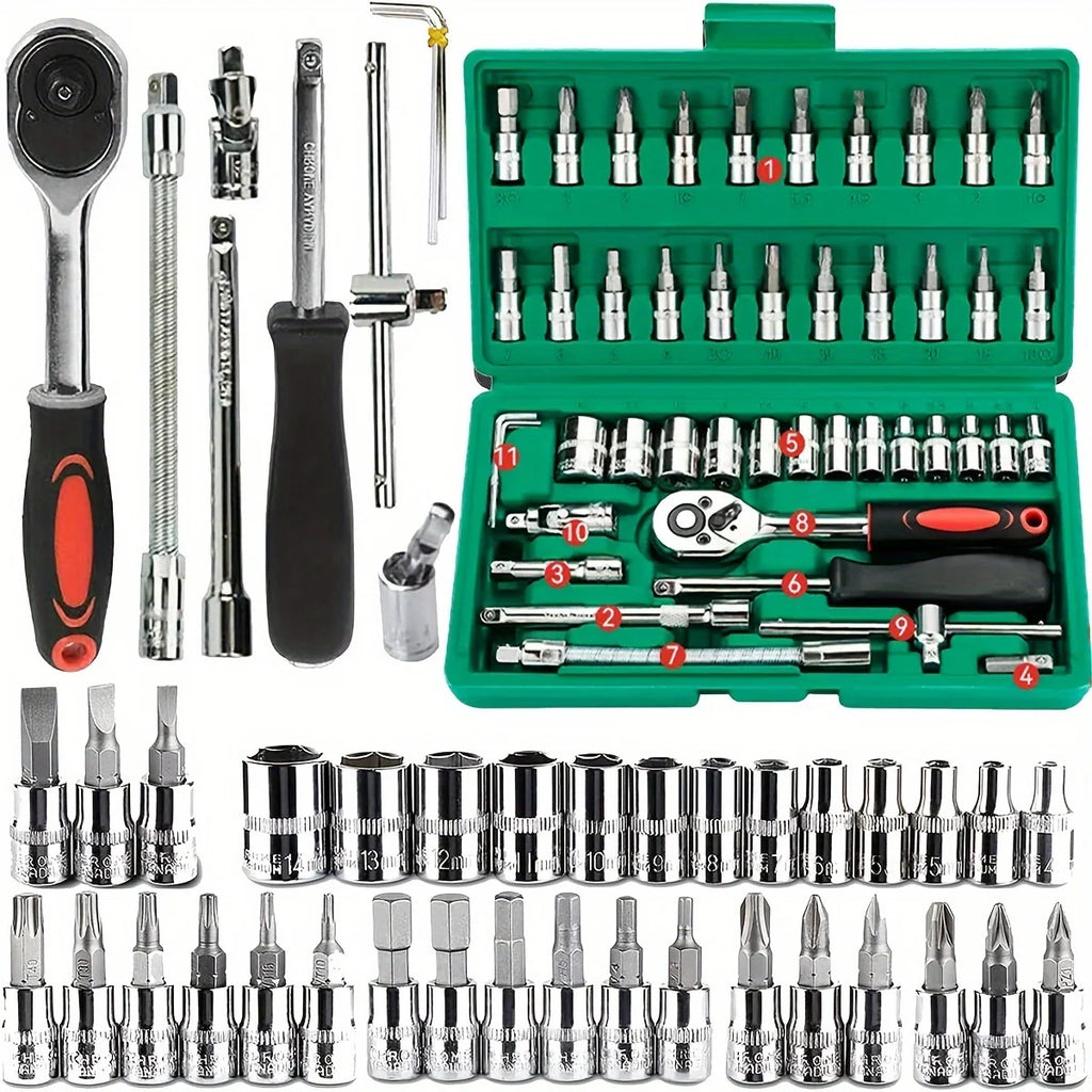 46-Piece Household Tool Set – 1/4” Mechanic’s Repair Kit with Metric Sockets, Hex Bits & Wrench