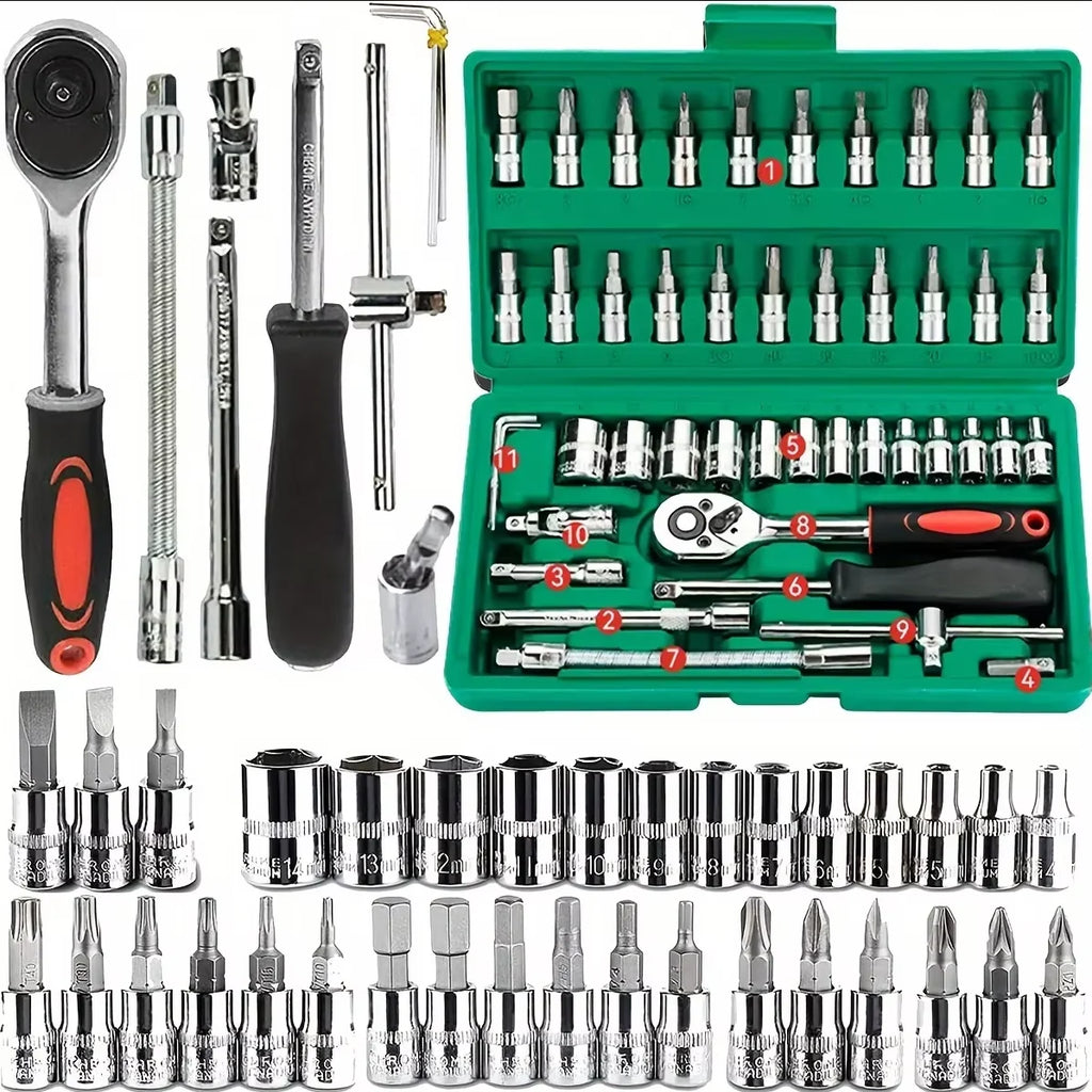 46-Piece Household Tool Set – 1/4” Mechanic’s Repair Kit with Metric Sockets, Hex Bits & Wrench